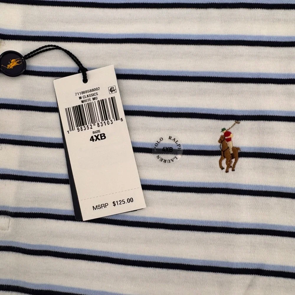 Polo Ralph Lauren Polo Shirt Mens 4XB White Blue Striped Short Sleeve Pony Logo